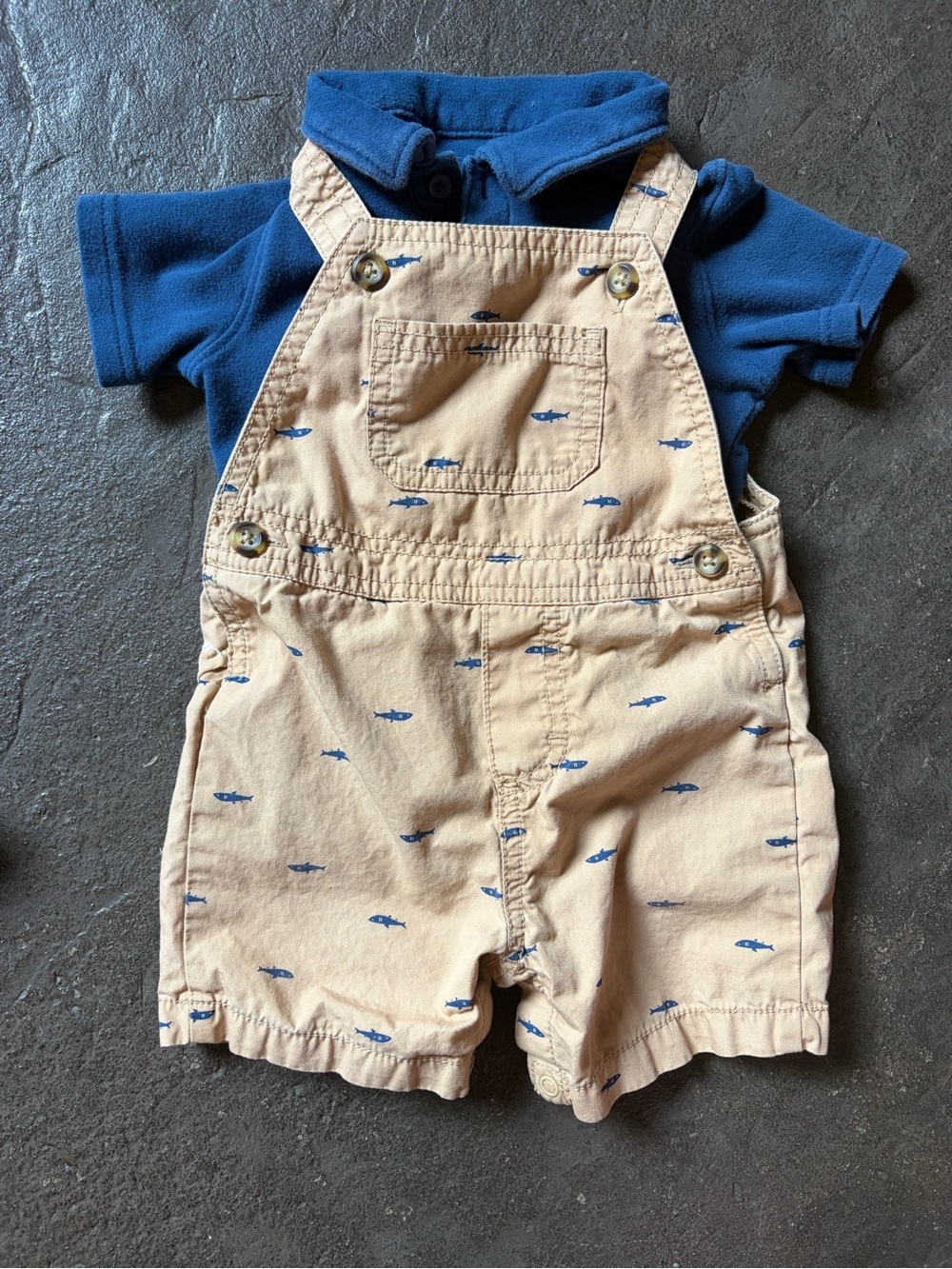 Carter's Blue & Tan Shark Print Short Overalls Set 12 Mths